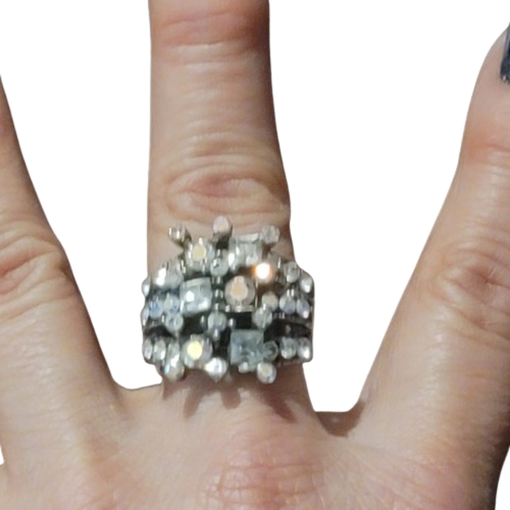 Vintage Aurora Borealis Rhinestone Cluster Statement Ring Adjustable Cocktail
